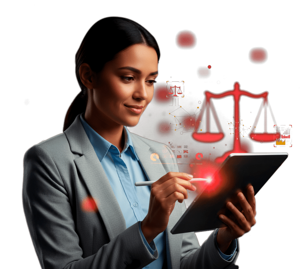 Mulher de cabelo preso usando tablet para estudar com OAB Damásio IA , vestindo blazer cinza e camisa azul claro.