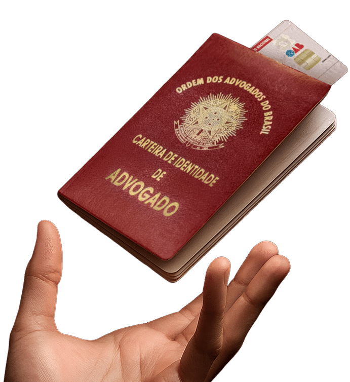 Mão esquerda pegando a carteira de Advogado, que flutua no ar, conquista possível com ajuda do preparatório da OAB do Damásio