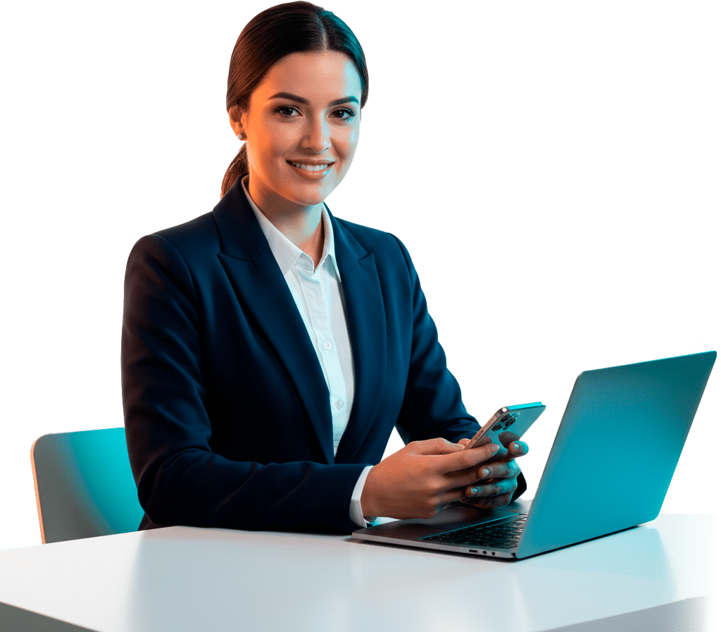 Mulher brasileira vestindo blazer azul marinho fornecendo atendimento e desconto exclusivo nas pós-graduações do Damásio