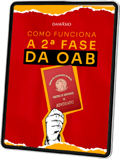 Mockup de tablet com o ebook do Damásio de 'Como funciona a 2ª Fase da OAB'
