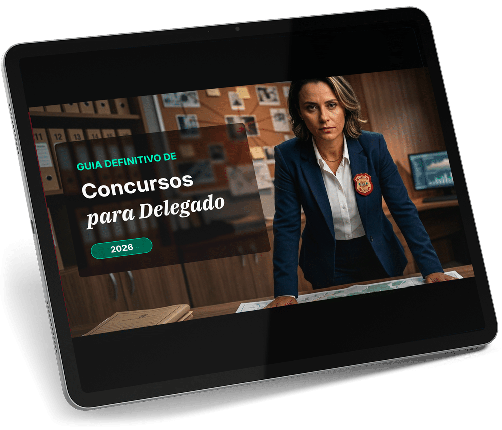 Mockup de um tablet com o ebook gratuito Guia Definitivo: Concursos para Delegado 2026 do Damásio.